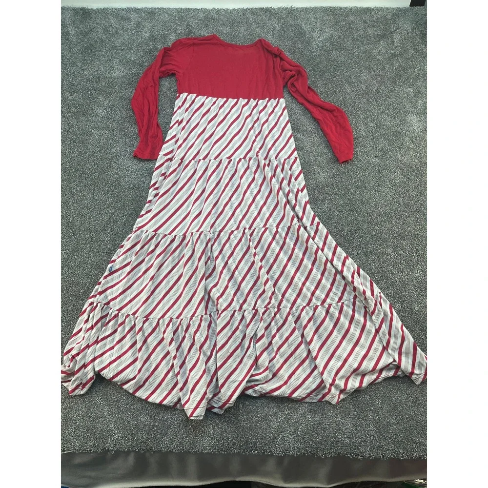 Kickee Kids Girls Red Gray Stripe‎ Tiered Maxi Dress Long Sleeve Size M 8 10